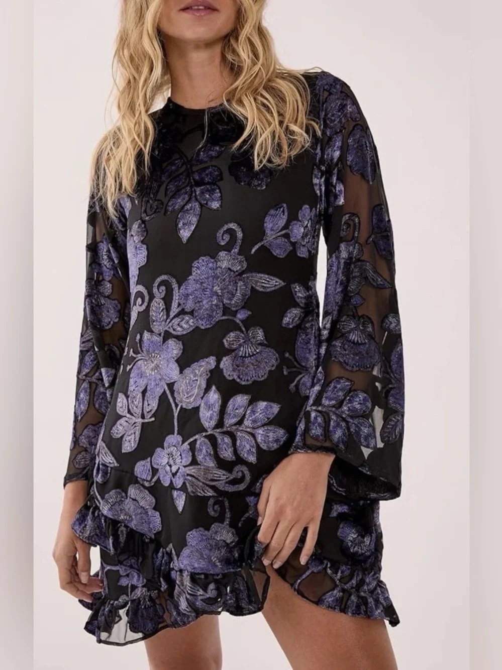 NWT Nasty Gal Floral Devore Ruffle Wrap Mini Dress - Black and Purple - Size 4